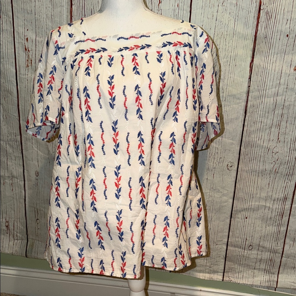 Talbots White and Blue Embroidered Blouse